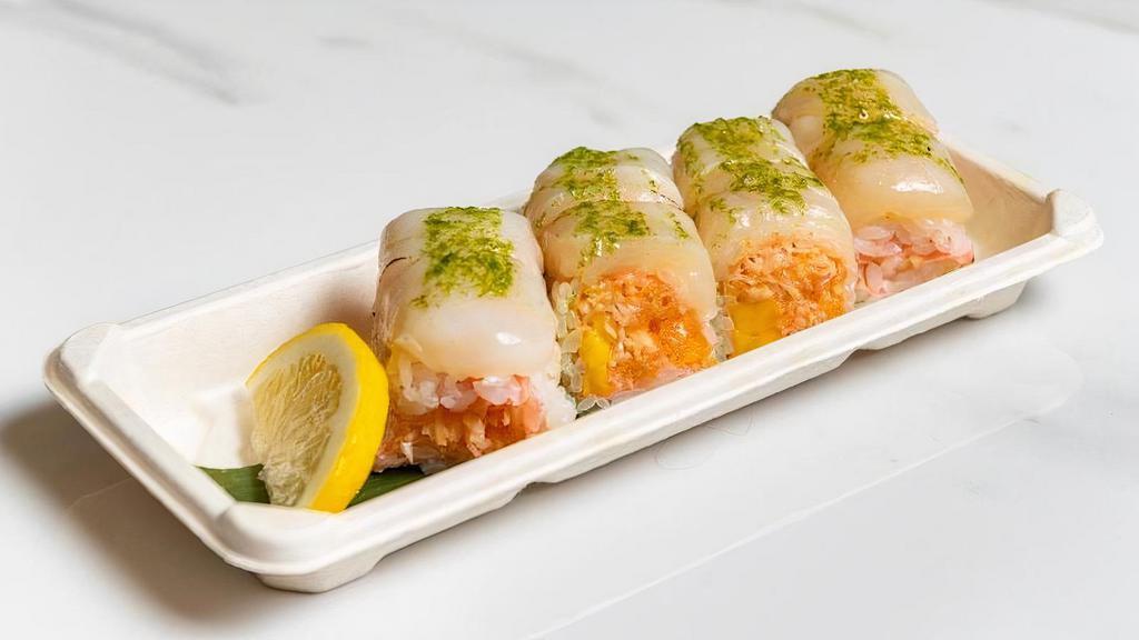 Scallop Special Roll · Spicy Crab Meat, Mango Wrapped with Soybean Paper, Topped w/ Seared Chive, Scallop & Chef Special Sauce.