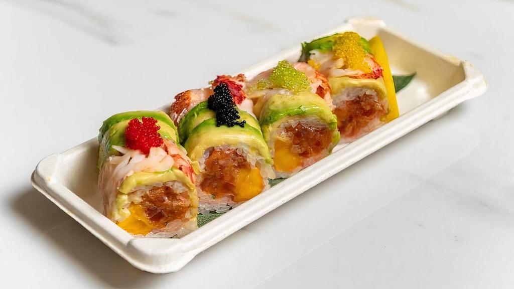 Lobster Special Roll · Spicy Tuna, Mango Topped W / Lobster, Avocado, Tobiko & Chef Special Sauce.