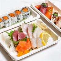 5 Sushi / 10 Sashimi Entree · 5 Pcs Sushi, 10 Pcs Sashimi and choice of 1 Roll