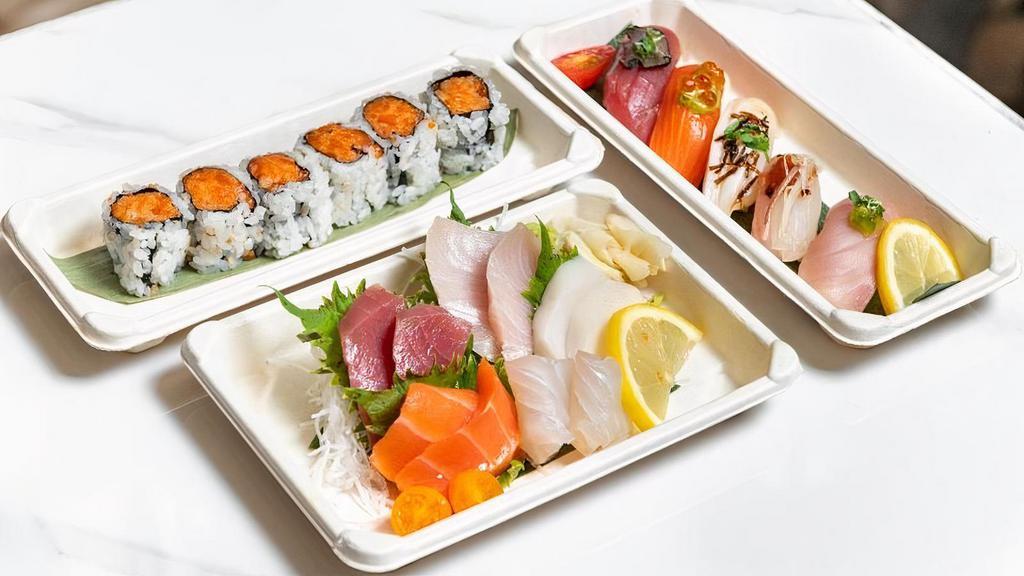 5 Sushi / 10 Sashimi Entree · 5 Pcs Sushi, 10 Pcs Sashimi and choice of 1 Roll