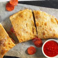 Pepperoni Calzone · Thin sliced juicy pepperoni loaded with ricotta cheese and mozzarella served with a side of ...