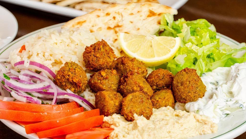 Falafel Platter · Fried chickpea balls, tzatziki, hummus, tomatoes, onions, lettuce, and french fries or rice.