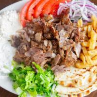 Bifteki Platter · Three ground beef, tzatziki, spicy feta, tomatoes, onions, lettuce, and french fries or rice.