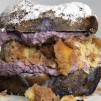 Blueberry Crumb Overload · Blueberry French toast bagel, blueberry crumb cream cheese on both sides, with crumb cake in...