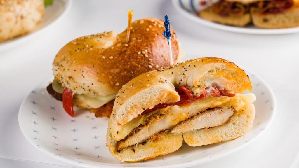 The Brooklynite · Chicken cutlet, fresh Mozzarella and roasted peppers with mayo.