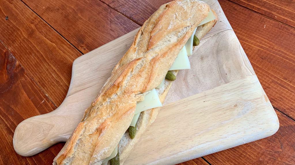 Basque Cheese & Beurre · Basque cheese, pickles butter on the baguette.