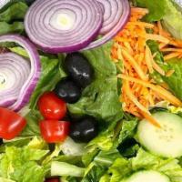 Garden Salad · Romaine, Tomato, Onion, Carrots, Cucumbers, & Olives