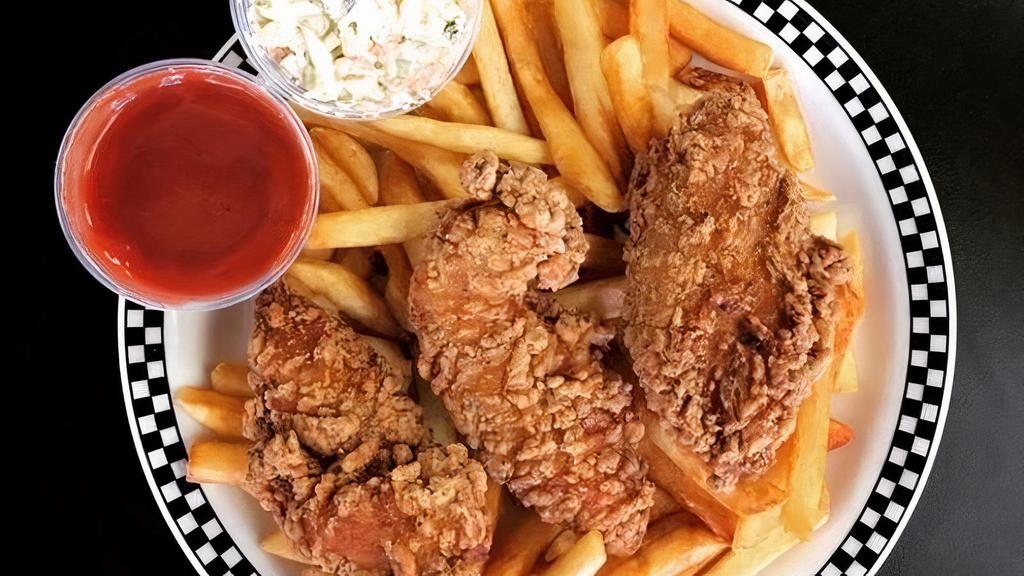 Chicken Tender Dinner · Served with French fries and coleslaw.