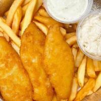 Fish & Chips Dinner · Four pieces of fried cod. Served with French fries and coleslaw & tartar sauce