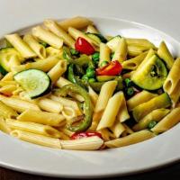 Penne Primavera · with Broccoli, Zucchini, Cherry Tomatoes, Peas and Peppers in a Garlic, White Wine Sauce.