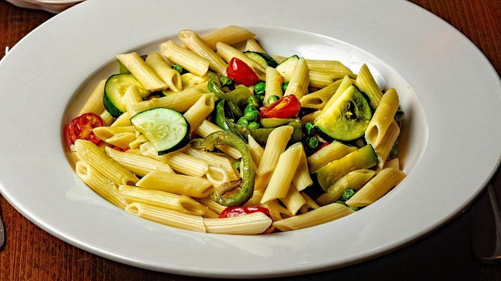 Penne Primavera · with Broccoli, Zucchini, Cherry Tomatoes, Peas and Peppers in a Garlic, White Wine Sauce.