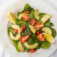 Grilled Shrimp & Avocado · With tomatoes over tender baby spinach. Served with olive oil and lemon.