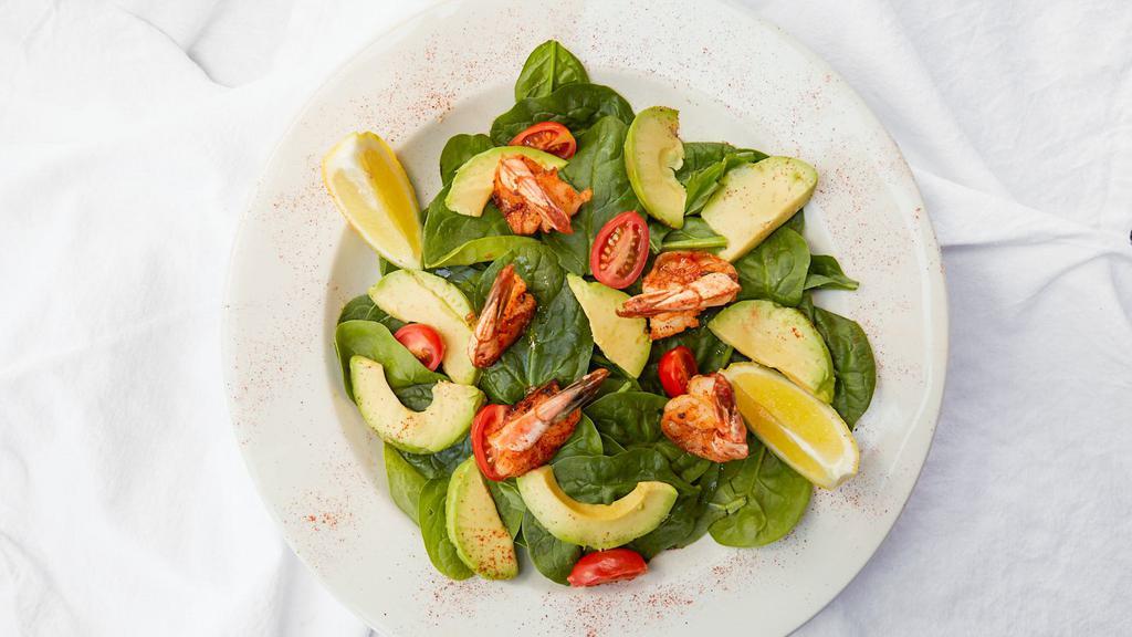 Grilled Shrimp & Avocado · With tomatoes over tender baby spinach. Served with olive oil and lemon.