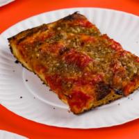 Vegan Vidalia Square Slice · Vegan.  Slow-cooked tomato sauce, Follow Your Heart parmesan & caramelized onions on a sesam...