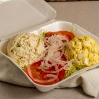 Salad Platter · Choose any two scoops of homemade Chicken Salad, Tuna Salad or Egg Salad. Comes on a bed of ...