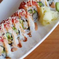 Dragon Roll (10 Pcs) · Shrimp tempura, cucumber, avocado roll, topped with spicy tuna, spicy mayo, eel sauce, rice ...