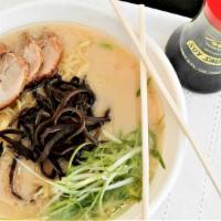 Tonkotsu Ramen · Pork bone stock; soy sauce seasoned with chasu pork belly, wood ear mushrooms, cabbage, and ...