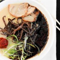 Black Tonkotsu Ramen · Pork bone stock; soy sauce seasoned, chasu pork belly, spicy miso blend, black garlic oil, w...