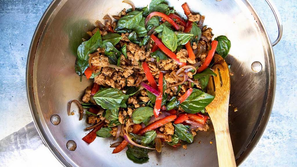 Thai Chili Basil Sauce · Thai red holy basil, chili, garlic, mix vegetable and house made oyster sauce