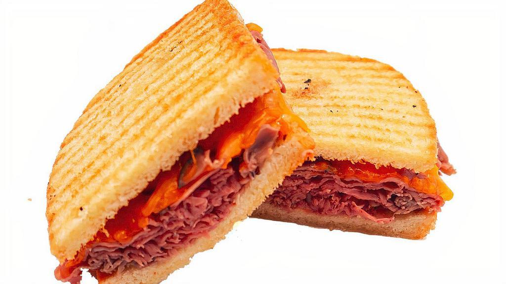 Beef & Cheddar Panini · Our delicious panini bread toasted to perfection and made with shredded cheddar cheese and roast beef.
