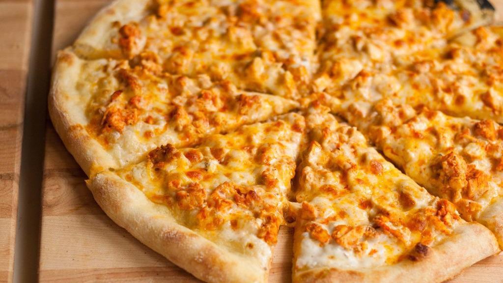 Buffalo Chicken · Made with chunks of grilled chicken, shredded mozzarella cheese, Buffalo hot sauce and bleu cheese.
