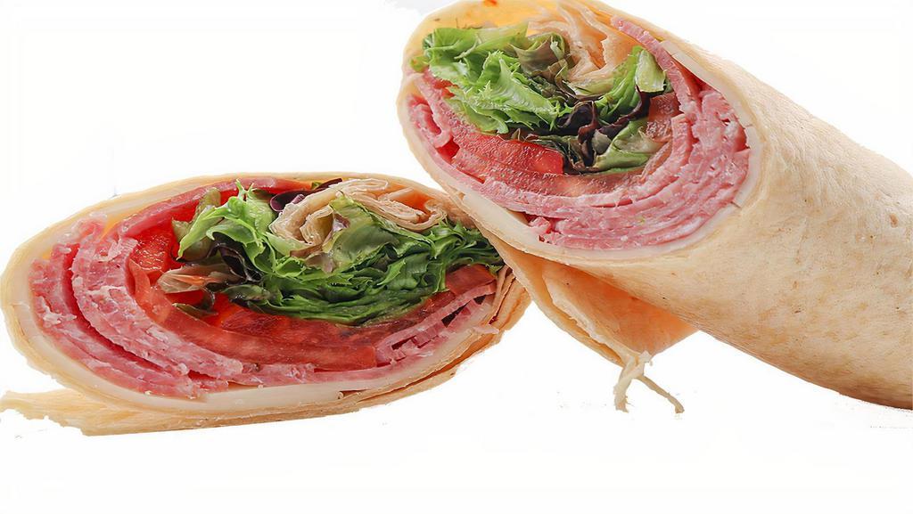 Salami Wrap · Our beyond enjoyable Salami wrap which features freshly sliced premium Salami piled high onto your choice of wrap. Just pick your favorite cheese, toppings, sauce and enjoy.