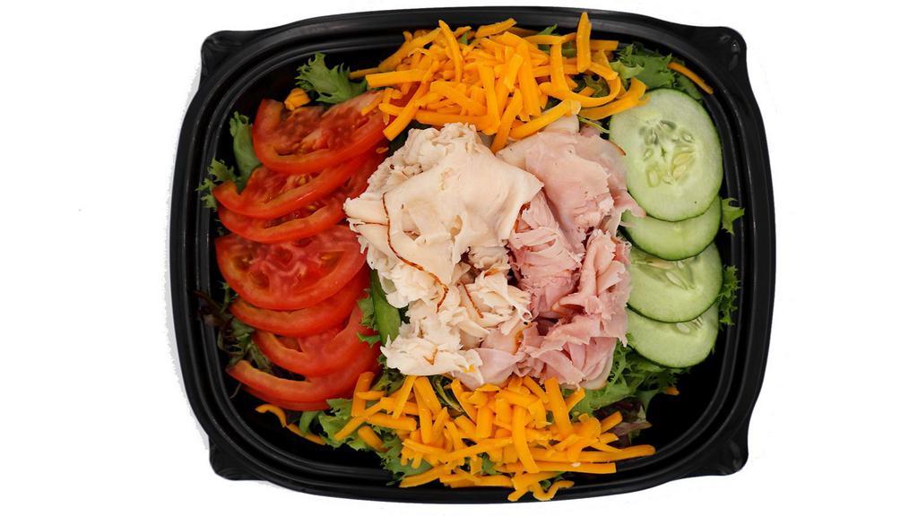 Chef · Arcadian Lettuce, Cucumber, Tomatoes, Green Pepper, Ham, Turkey and Shredded Cheddar Cheese. Your choice of dressing.