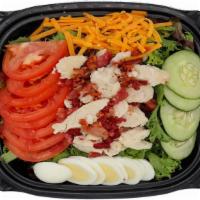 Chicken Cobb · Arcadian Lettuce, Cucumber, Green Pepper, Tomatoes, Chicken Strips, Bacon Crumbles, Shredded...