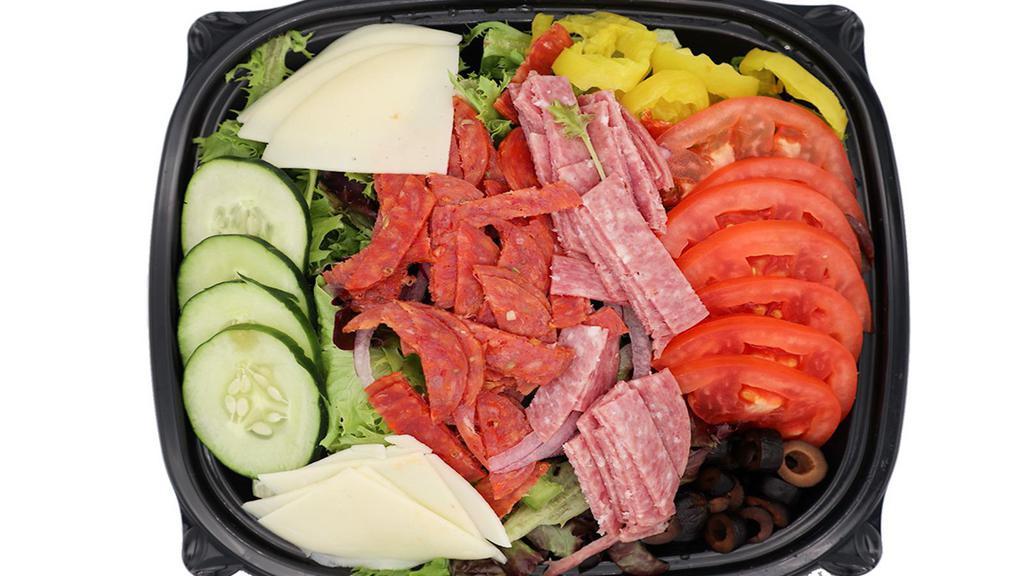 Antipasto · Arcadian Lettuce, Cucumber, Green Pepper, Tomatoes, Banana Peppers, Olives, Onions, Salami, Pepperoni, and Provolone Cheese. Your choice of dressing.