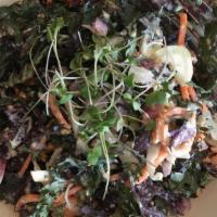 Hearty Kale Sesame Salad · with raw veg, miso-lemon dressing, toasted sesame seeds; soy-free