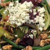 Salade Framboise · Mixed greens, roquefort cheese, roasted beets, walnuts, French beans, poached leeks, raspber...