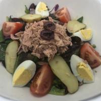 Salade Niçoise · Tuna in oil, calamata olives, onions, haricots verts, sliced potatoes, tomatoes, boiled egg,...