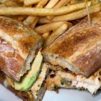 Chicken Sandwich · Grilled chicken, swiss cheese, bacon, grilled red onion, avocado, chipotle aioli, baguette. ...
