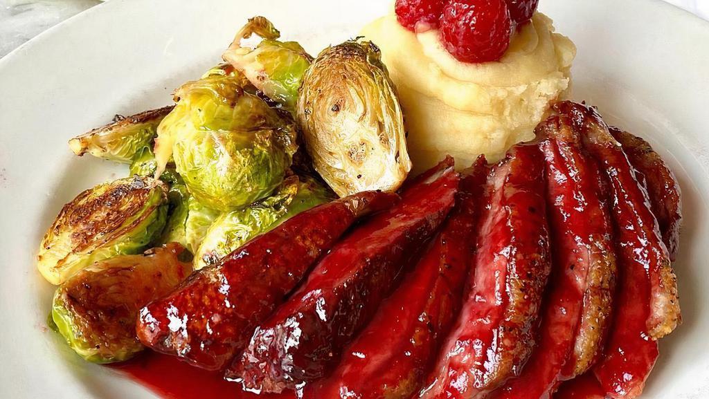 Saturday - Magret De Canard Au Framboise · Sliced duck breast, mashed potatoes, Brussel sprouts, fresh raspberry, raspberry glaze (AVAILABLE ON SATURDAYS ONLY!)
