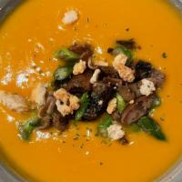 Sweet Potato Coconut Soup · Roasted mushrooms, ginger, biscuit crumble