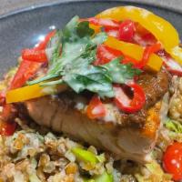 Jerk Salmon Bowl · Bulgur, roasted squash, brussels sprouts, parsley, and pepper escovitch.
Specify temperature...