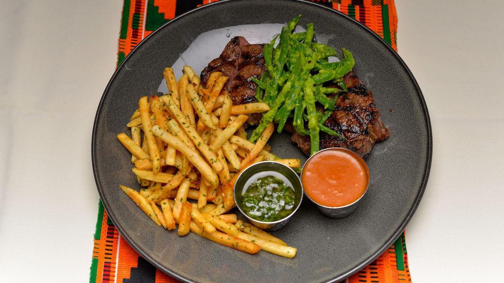 Steak Frites · Rooster chimichurri, BBQ bearnaise, green bean salad, and fries.
Specify temperature on steak, otherwise it will come medium.