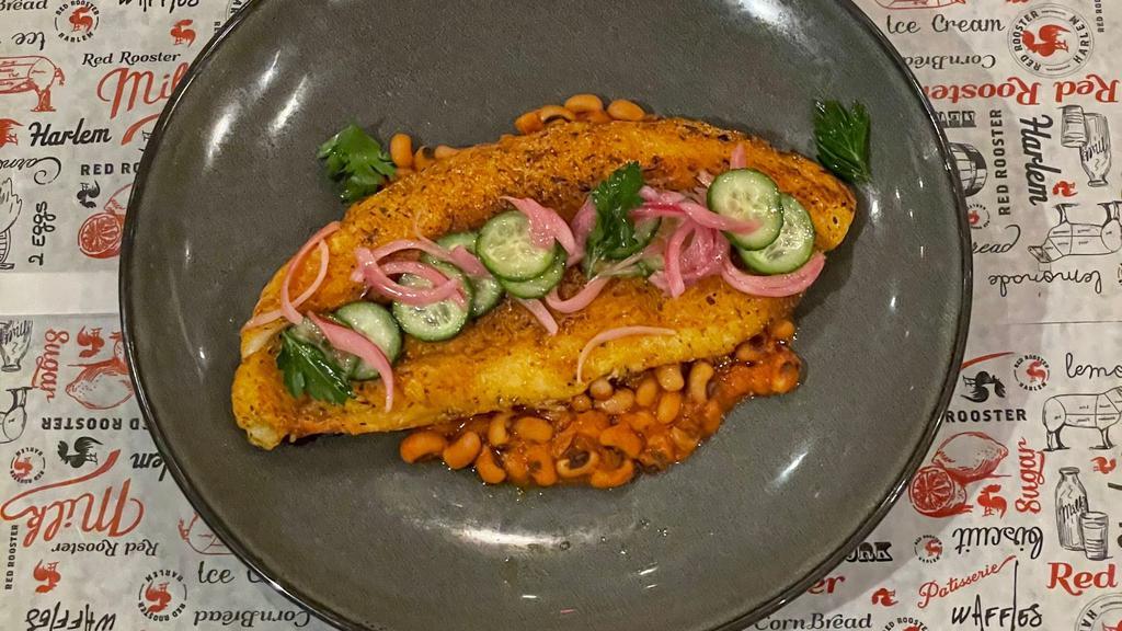 Pan Fried Catfish · Stewed black-eyed peas and cucumber-pickled onion salad.