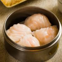 Shrimp Dumpling · 4 pieces of minced shrimp in handmade wheat wrapper.