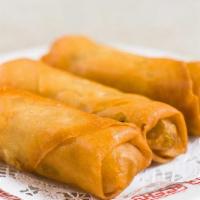 Spring Rolls · 3 pieces of mixed veggies wrapped in a thin flour wrapper. (Vegan)