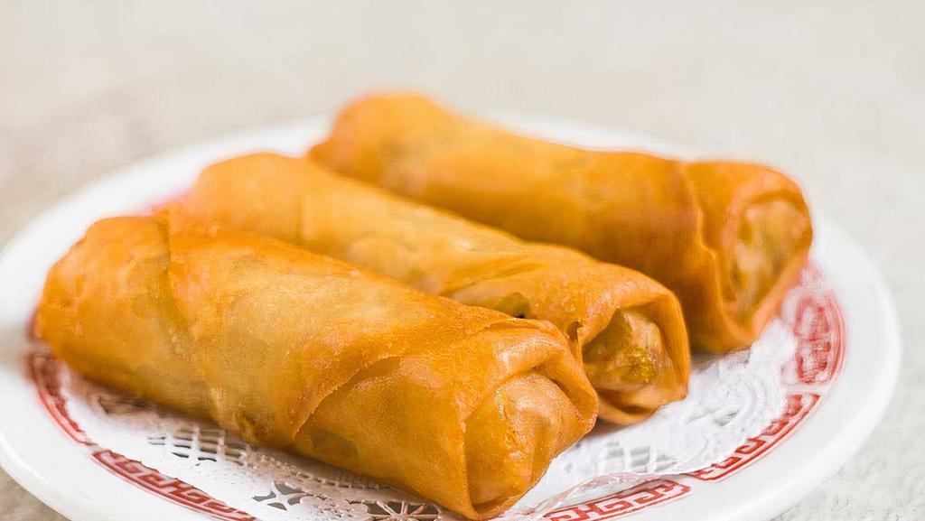 Spring Rolls · 3 pieces of mixed veggies wrapped in a thin flour wrapper. (Vegan)
