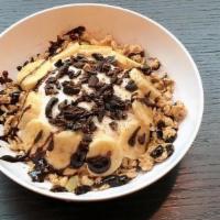 Chocolate Banana · fat free greek yogurt, nutella, cocoa nibs, sliced banana, gluten-free granola, maple syrup
