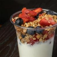 Grab & Go Yogurt Parfait · 8 oz non-fat Greek yogurt, blueberries, strawberries and gluten-free granola