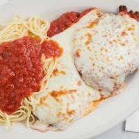 Chicken Parmesan · Delicious breaded chicken breast with marinara sauce and Mozzarella cheese served with lingu...