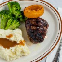 8Oz Filet Mignon · The most tender of all steaks! Served with tossed salad and vegetable. Choice of Baked Potat...
