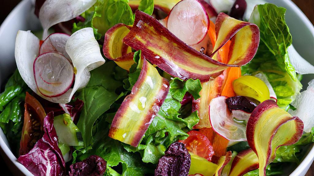 Insalata Mista · organic mixed lettuce, carrots, cucumbers, olives, heirloom farm tomatoes, balsamic vinegar - extra virgin olive oil dressing (vegan)