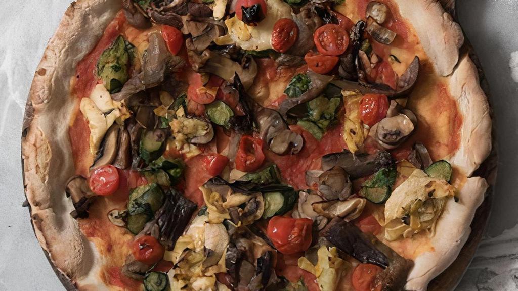 Gf Vegana · Gluten-Free - tomato sauce, cherry tomatoes, zucchini, red and yellow peppers, artichokes, assorted mushrooms, basil (vegan)