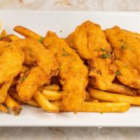 Chicken Fingers · Served with French fries. Choice of honey mustard and/or BBQ sauce on the side.