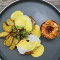 Smashed Crab Benedict · POACHED EGGS + CRAB CAKE + SMOKED SPECK + HOLLANDAISE + FINGERLING POTATO