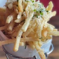 Parm Fries · SHOESTRING FRENCH FRIES + PARMESAN CHEESE & FRESH HERBS + HOUSE MADE CHIPOTLE MAYO